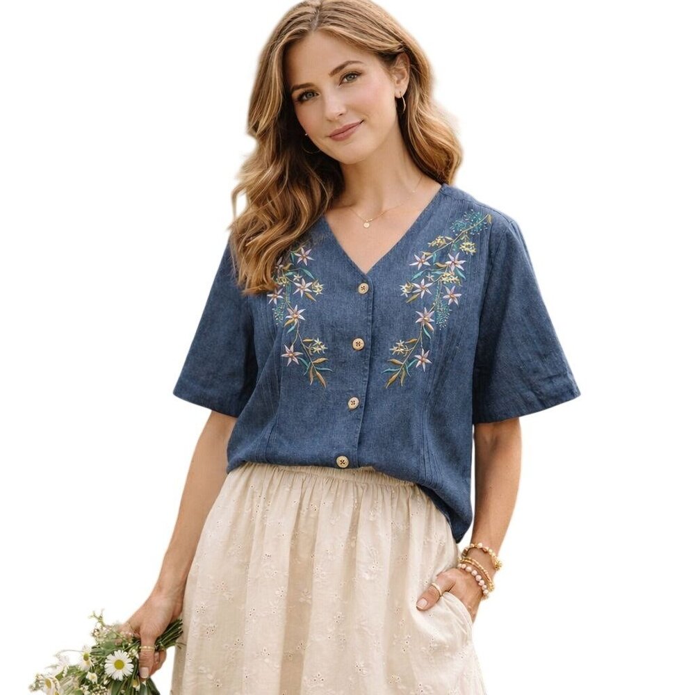 Alfred Dunner Floral Embroidered Denim Button Up Shirt Size 14 NEW Cottagecore